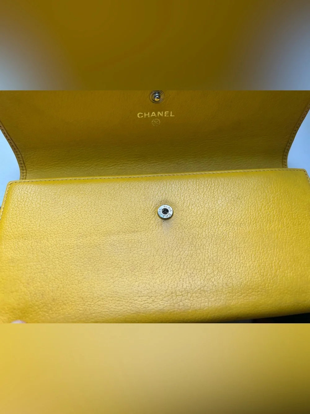 CHANEL Yellow Leather Flap Wallet with Camellia Detail